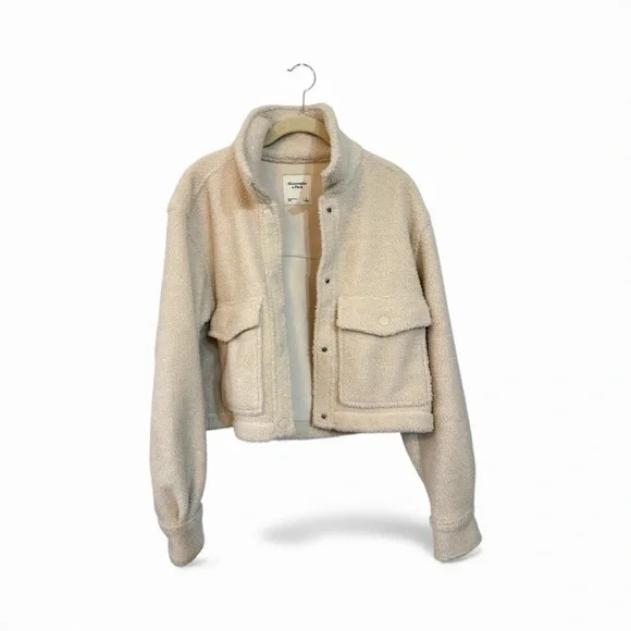Abercrombie & Fitch Women’s SM Sherpa Fleece Crop Jacket Cream Vegan Suede Y2K - Picture 7 of 9